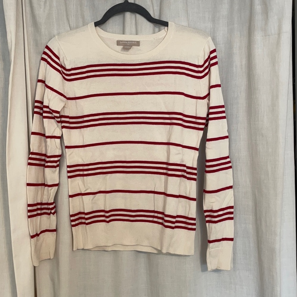 White and red stripped sweater with red elbow patch